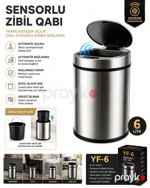 Zibil qabı YF-6, paslanmayan polad, gümüşü, 6 l — Bakı
