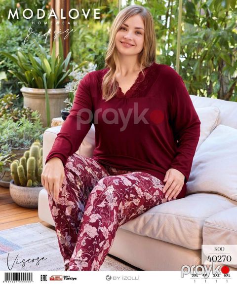 Şalvarlı pijama dəsti qadınlar üçün Modalove 40270_RB, pambıq, bordo, ölçü 3XL — Bakı