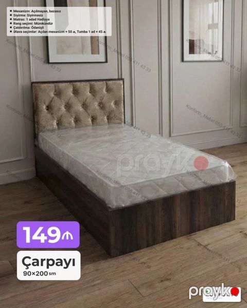 Çarpayı – 90×200 sm - Korpus: taxta teksturalı, tünd rəngli baza — Bakı