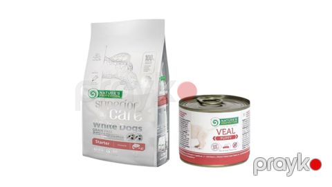 Quru yem itlər üçün Nature's Protection White Dogs Starter SalmonKrill 1.5 kq + Konserva Nature's Protection Puppy Veal 200 q — Bakı
