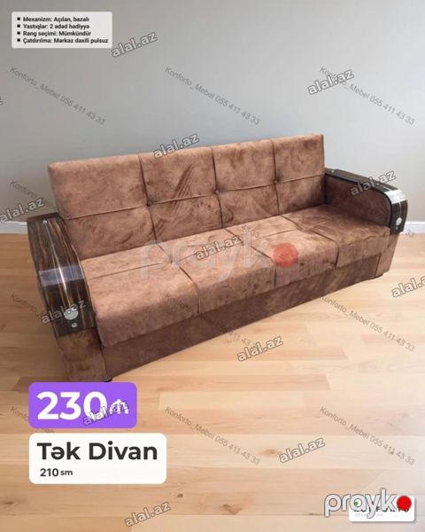 Tək divan – 210 sm Qiymət: 230 Xüsusiyyətlər: - Mexanizm: açılan — Bakı