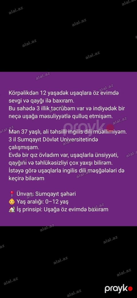 Uşaq baxımı və inkişafı xidməti - 0–12 yaş aralığındakı uşaqlara öz — Sumqayıt