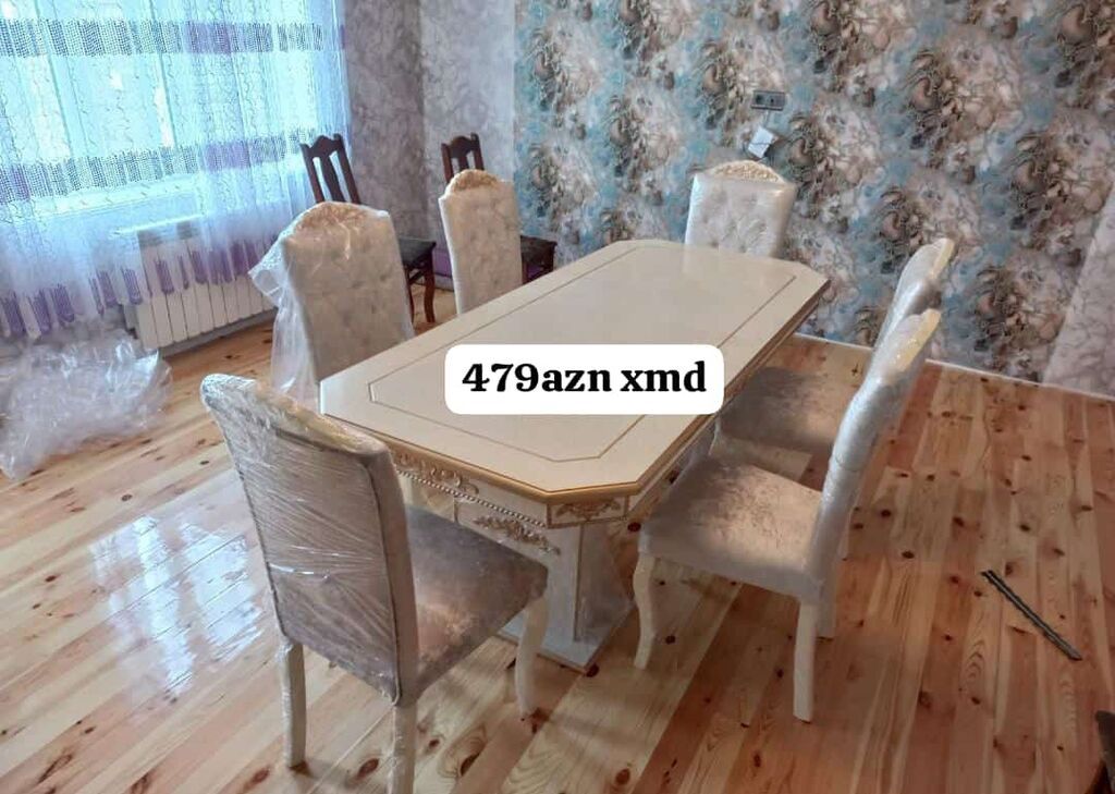 Yemək otağı dəsti – süfrə və 6 stul - Rəng: krem/bej tonları, qızılı — Masalar və stullar, Bakı