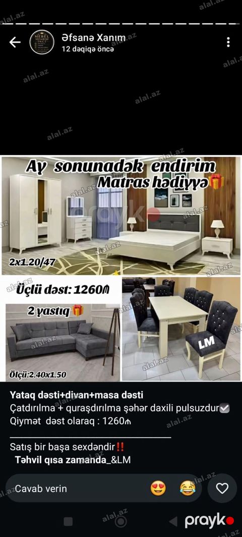 Yataq dəsti + divan + masa dəsti – Üçlü paket Məzmun: - Yataq otağı — Sumqayıt