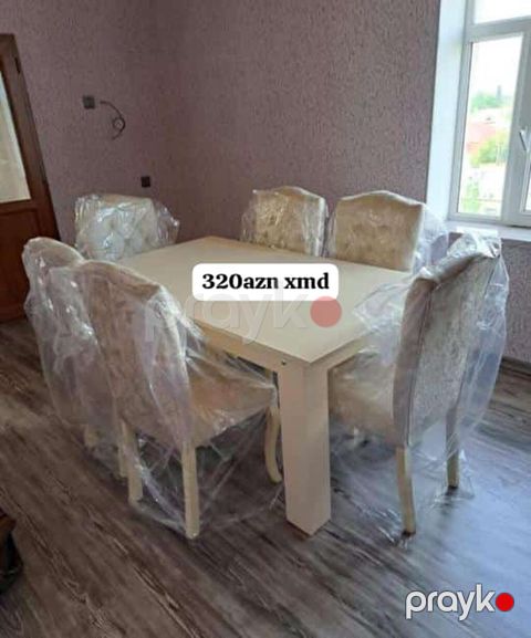 Yemək dəsti – masa və 6 ədəd stul - Rəng: açıq krem/ağ ton - Masa — Bakı