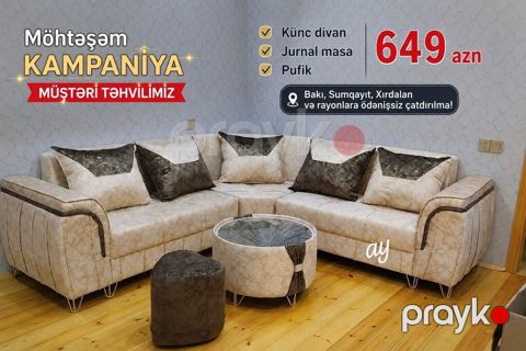 Möhtəşəm kampaniya dəsti: - Künc divan - Jurnal masa - Pufik Rəng — Bakı