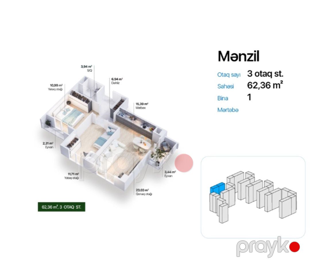 Satılır 3 otaqlı yeni tikili 62.4 m² — Mənzil, Sumqayıt (12)