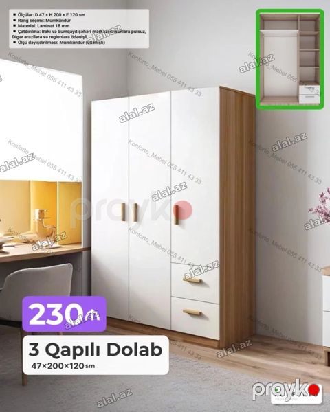 Yeni, 3 qapılı, Siyirməli, Ağ, Açılan, Düz dolab — Bakı