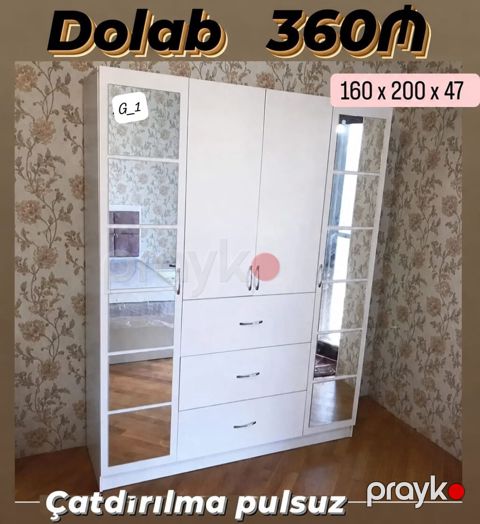 Ağ rəngli 3 qapılı paltar dolabı Ölçü: 160 x 200 x 47 sm - Yanlarda — Digah