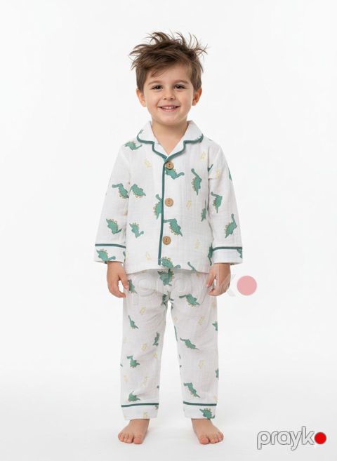 Oğlanlar üçün şalvarlı pijama dəsti 20871954, ağ/yaşıl, muslin, ölçü 4-5 yaş — Bakı