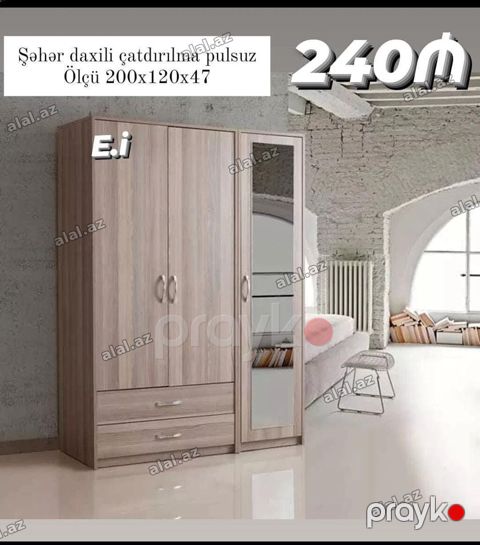 Üçqapılı paltar şkafı – güzgülü model - Ölçü: 200 x 120 x 47 sm — Sumqayıt