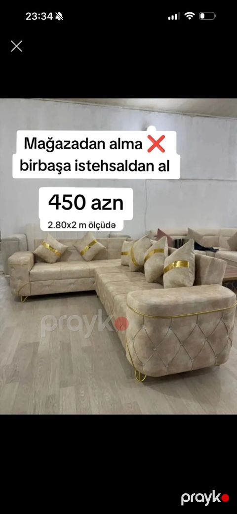 Künc divan dəsti – zərif bej rəngli, qızılı detallar ilə Ölçü: 2.80 x — Bakı