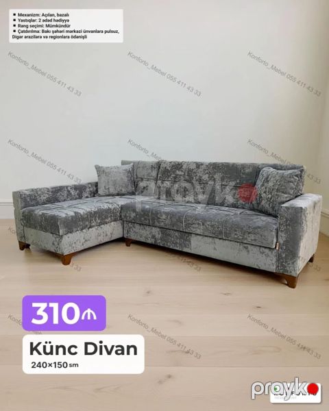 Künc divan – 240×150 sm - Mexanizm: açılan, bazalı (yataq və — Bakı