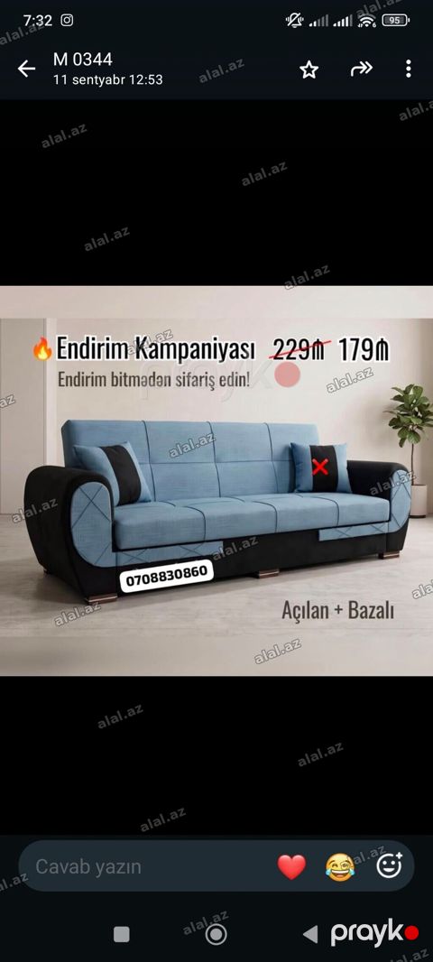 Açılan və bazalı divan - Model: 3 nəfərlik, mexanizmlə açılır, rahat — Sumqayıt