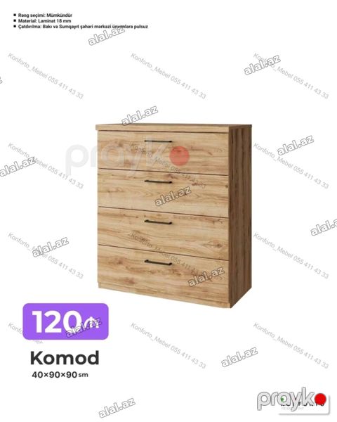 Komod – 4 çekmecəli, taxta teksturalı dizayn Ölçülər: - 40 90 90 — Bakı