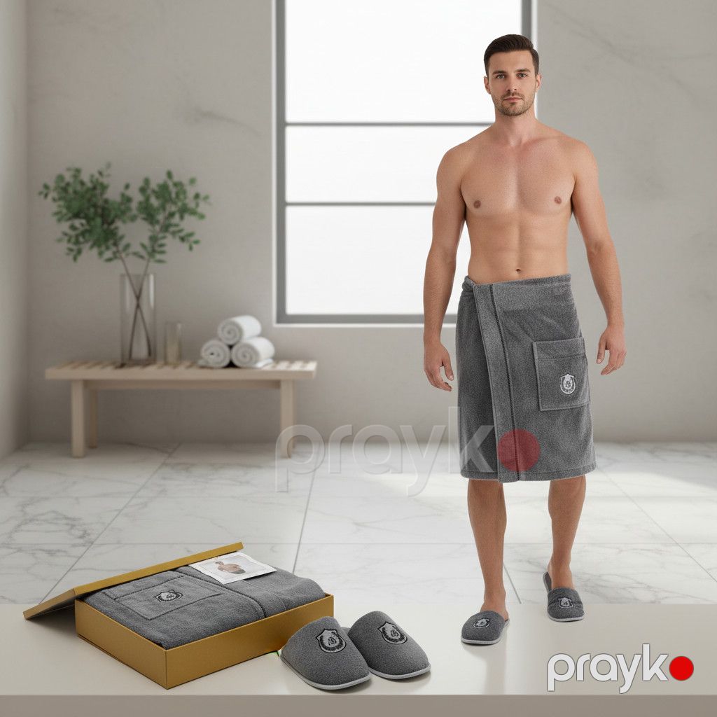 Sauna üçün dəst (velkrolu hamam dəsmalı + 1 cüt terlik), boz, bambuk, ölçü One Size — Mallar, Bakı (2)