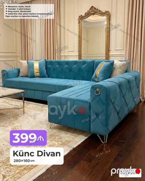 Künc Divan – 260×160 sm Mexanizm: açılan, bazalı (yataq və əşya — Bakı