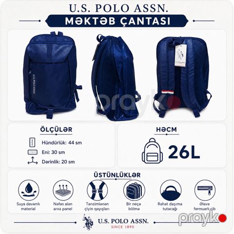 Məktəb çantası U.S. Polo Assn, poliester, göy — Bakı