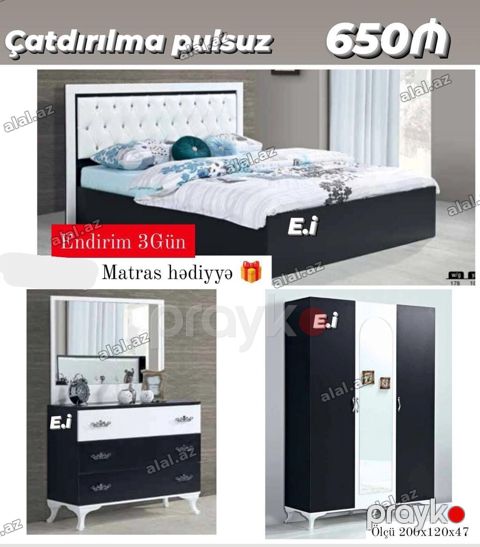 Qara-ağ dizaynda yataq otağı dəsti - Qiymət: 650 - Çatdırılma — Bakı