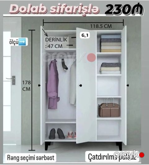 Düz dolab, Yataq otağı üçün, Paltar üçün, Açılan, Korpuslu, 2 qapılı — Digah