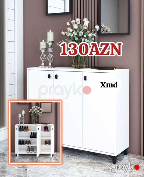 Ağ rəngli ayaqqabı dolabı - 3 qapılı, içində çoxsaylı rəflər