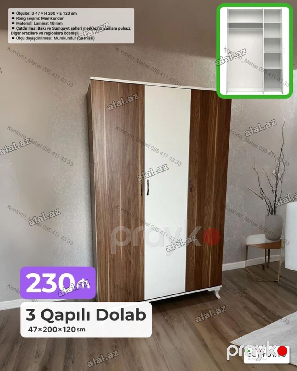 Yeni, 3 qapılı, Siyirməli, Ağ, Açılan, Düz dolab — Mebel, Bakı (2)
