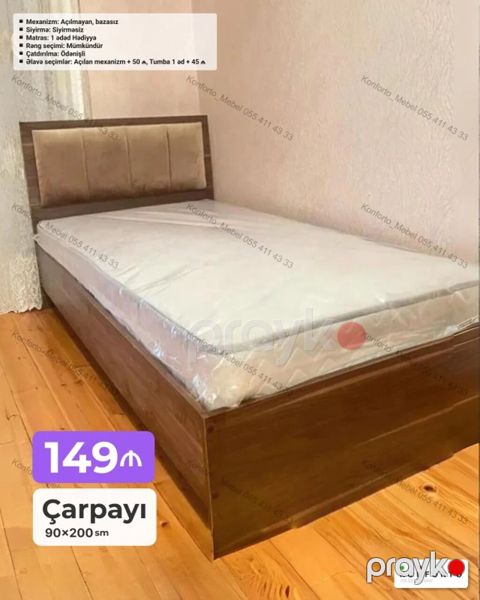 Çarpayı – 90×200 sm - Model: Mexanizmsiz, bazasız - Başlıq: Yumşaq — Bakı
