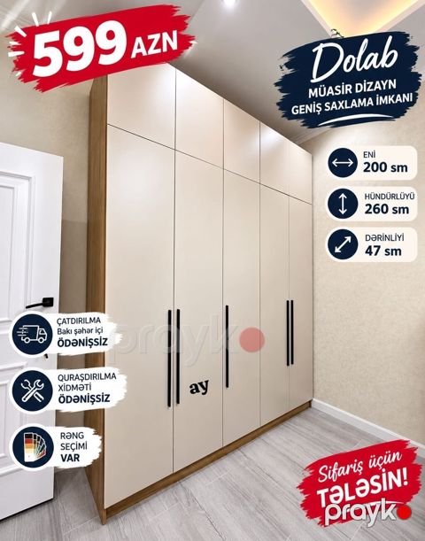 Müasir dizaynlı dolab – geniş saxlama imkanı ilə. Ölçülər: - Eni: 200 — Bakı