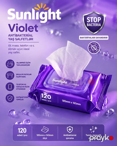 Uşaq nəm salfeti Sunlight Bədən üçün, Əllər üçün, üz üçün, bütün səthlər üçün 120 əd Antibakterial Universal Hipoallergen bənövşə ətirli — Bakı