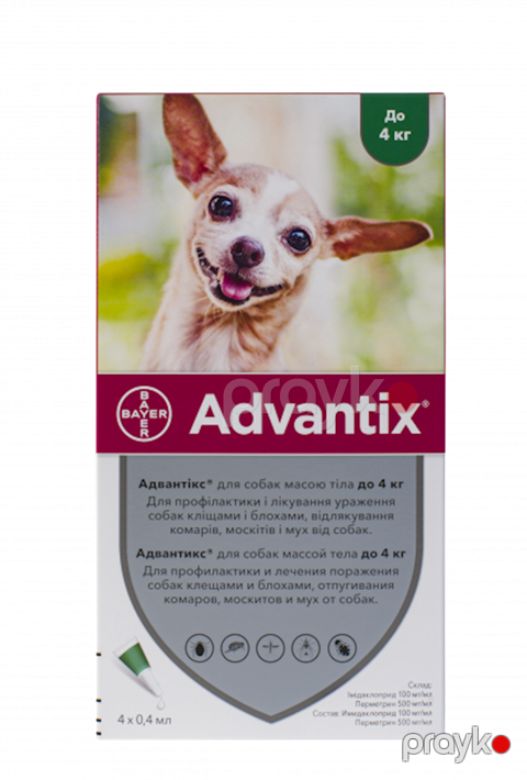 Damcı Bayer Advantix itlər üçün, 4 kq qədər, xarici parazitlərə qarşı, 1 tübik-pipet 0,4 ml — Bakı