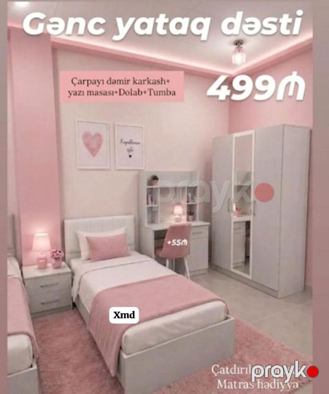 Gənc yataq dəsti – 499₼ Dəst tərkibi: - Çarpayı (dəmir karkas) - Yazı