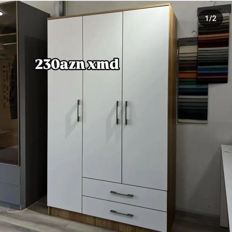 Üç qapılı paltar dolabı - Rəng: ağ ön panellər, taxta teksturalı yan — Dolab Taxt Çarpayı Mebel Fabriki ✨Əfsanə.x — Şkaflar