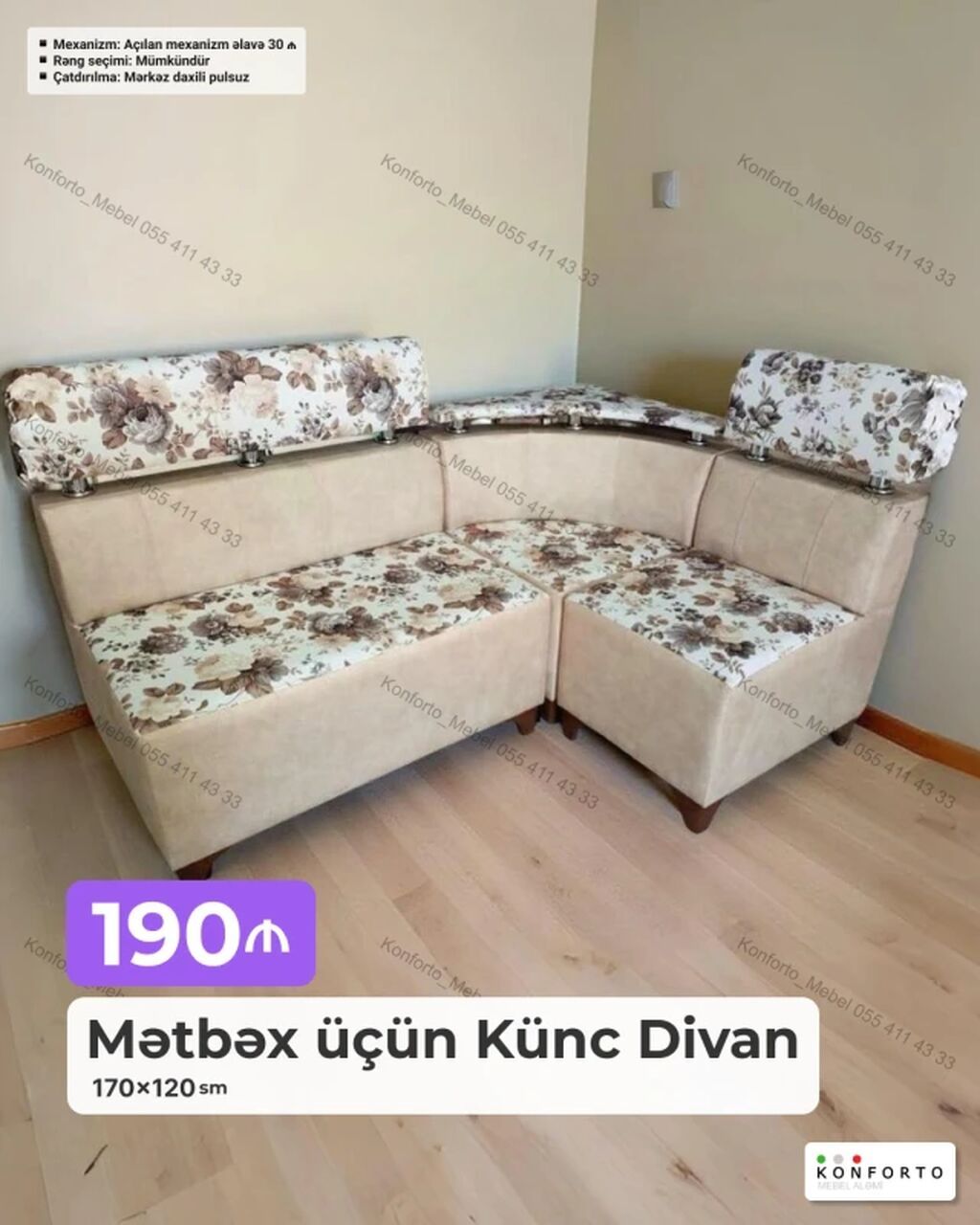 Mətbəx üçün künc divan – 170×120 sm - Dizayn: L‑şəkilli künc — Divanlər, Bakı