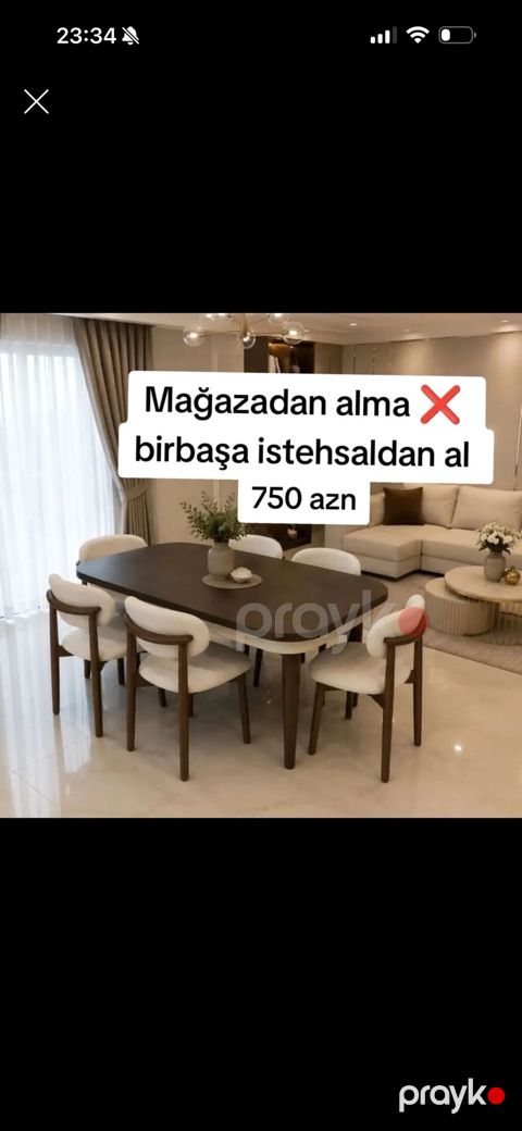 Masa və 6 ədəd stuldan ibarət yemək dəsti - Dizayn: müasir, minimal — Bakı