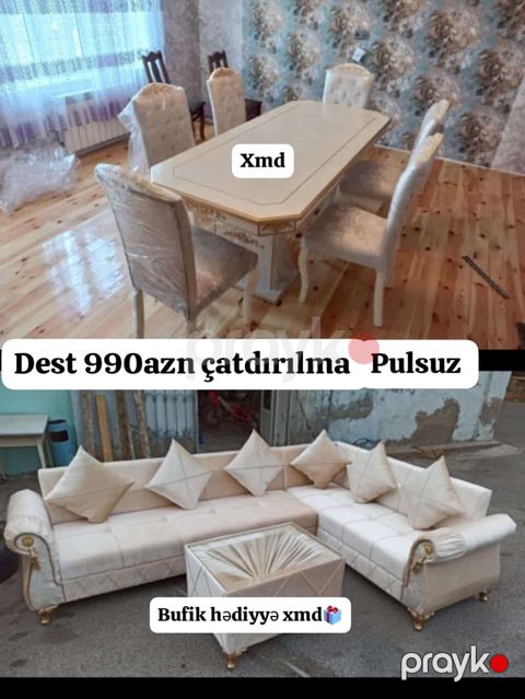 Klassik üslubda mebel dəsti - Yemək masası və 6 ədəd stul: Krem rəng — Bakı