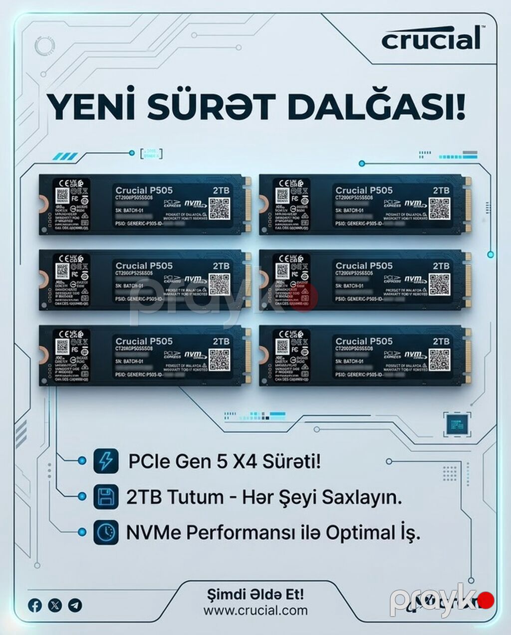 Crucial P505 2TB NVMe M.2 SSD - PCIe Gen5 x4 interfeysi – son nəsil — Sabit diskləri, Sumqayıt (3)