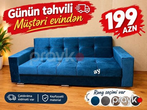 Velür üzlü, yumşaq oturacaqlı, düyməli tikiş detallı üçnəfərlik divan — Bakı