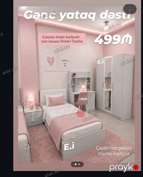 Gənc yataq dəsti – 499₼ Dəst tərkibi: - Çarpayı (dəmir karkaslı) — Bakı