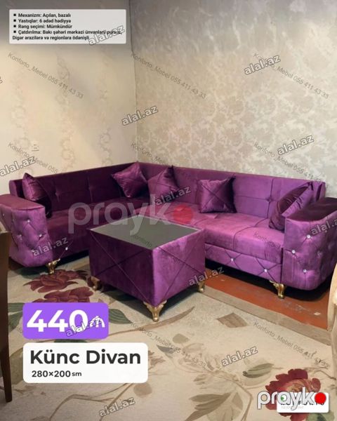 Künc divan – 280×200 sm - Açılan, bazalı mexanizm - 6 ədəd yastıq — Bakı