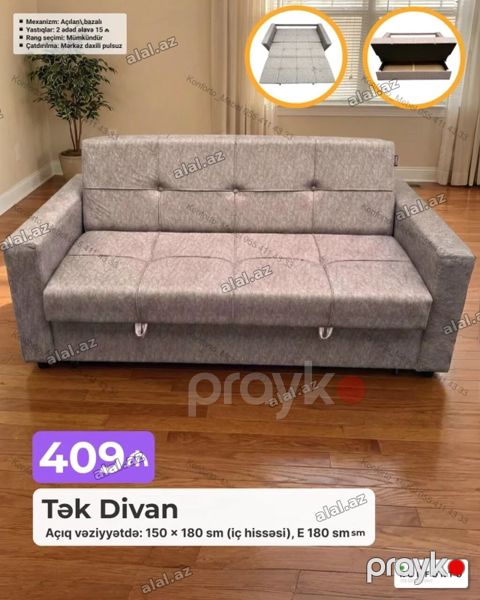 Tək divan – açılan və bazalı mexanizmli model. - Ölçü (açıq — Bakı