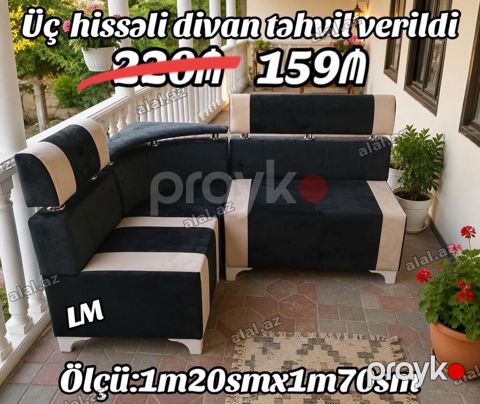 Üç hissəli divan – L formalı - Rəng: qara və bej kombinasiya - 3 — Bakı