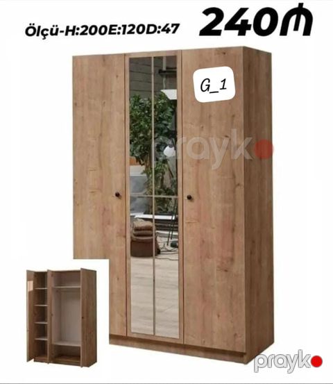 Yeni, 3 qapılı, Güzgülü, Qəhvəyi, Taxta, Açılan, Düz dolab — Digah