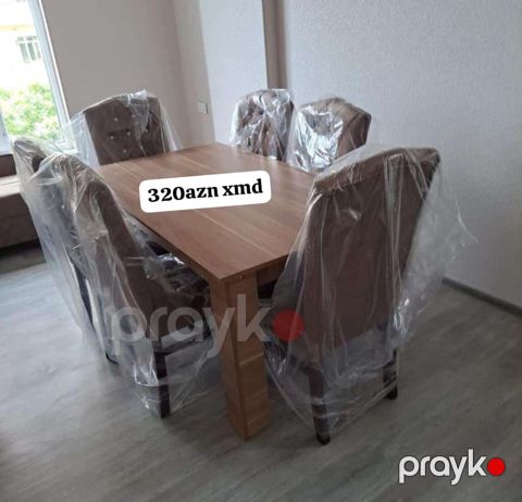 Yemək masası dəsti - Dəst: 1 ədəd düzbucaqlı masa + 6 ədəd stul — Bakı