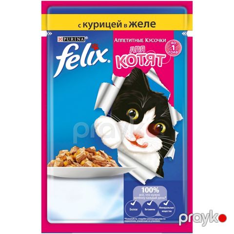 Nəm yem Purina Felix pişik balaları üçün iştahaçan parçala jeledə toyuq əti ilə, 85 q