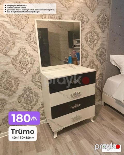 Trümo – 40×180×80 sm - Klassik naxışlı 4 çekməcəli trümo, geniş güzgü — Bakı