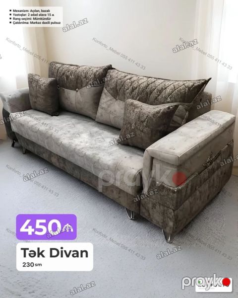 Tək divan – 230 sm - Mexanizm: açılan, bazalı (yataq funksiyalı, altı — Bakı