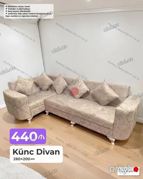 Künc divan – 280×200 sm - Açılan, bazalı mexanizm: rahat yatacaq — Bakı