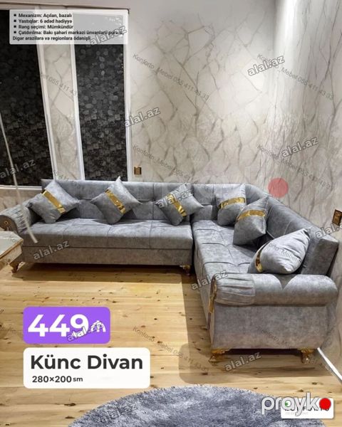 Künc divan – 280×200 sm - Mexanizm: Açılan, bazalı - Komplekt: 6 ədəd — Bakı