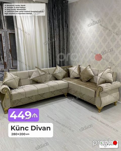 Künc divan – 280×200 sm - Klassik üslubda L formalı künc divan — Bakı