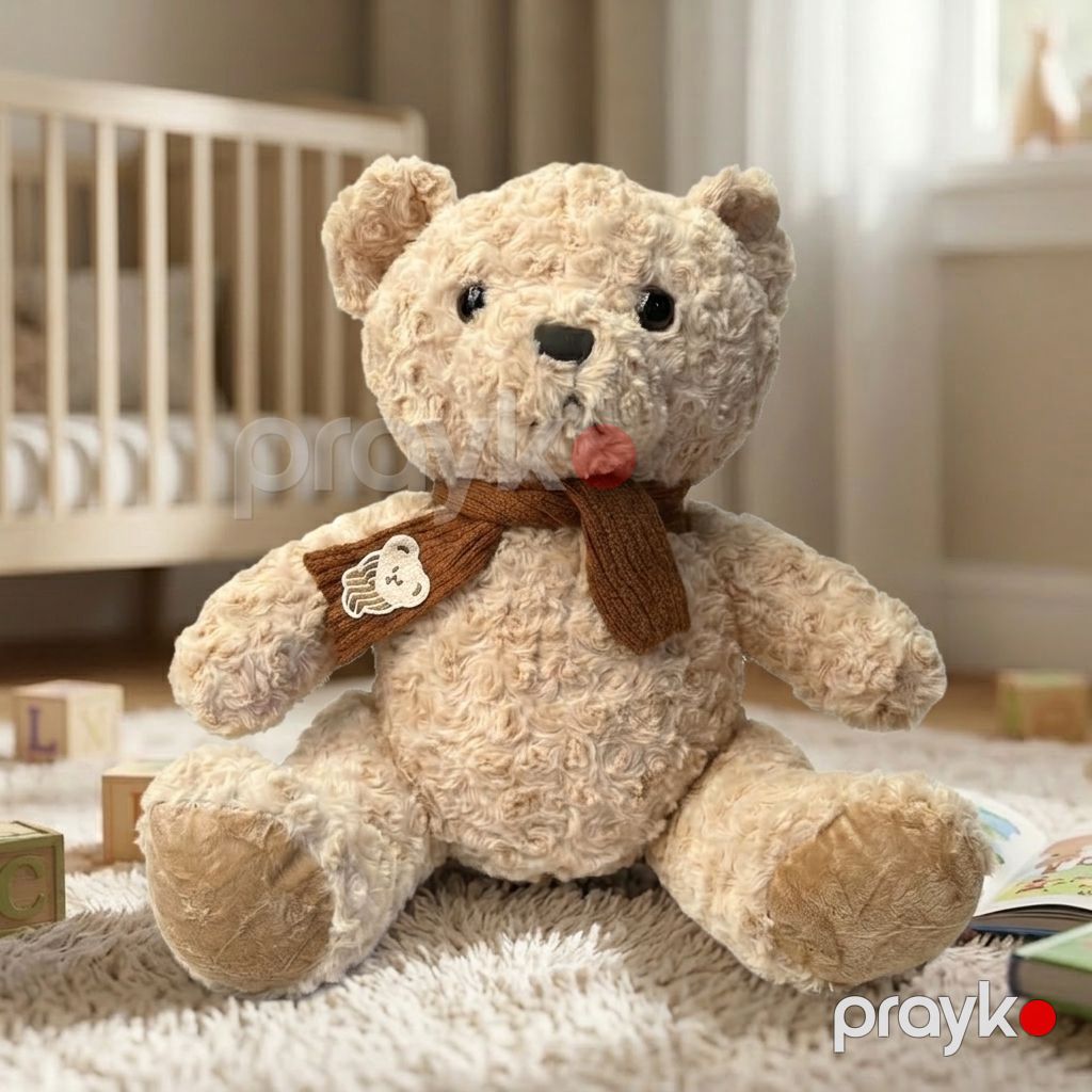 Yumşaq Krem Rəngli Teddy Ayı - Qəhvəyi Şərflə Özəl Dizayn Peluş Oyuncaq — Uşaqlar üçün hər şey, Bakı (2)